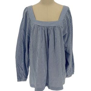 NWT Terra & Sky 100% Cotton Square Neck Woven Top w/ Blue & White Stripes (1X)